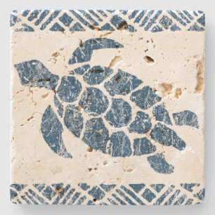 Honu Sea Turtle Hawaiian Tapa -Indigo Stone Coaster