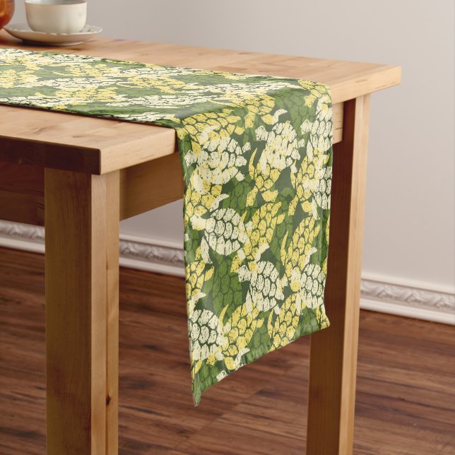 Honu Sea Turtle Hawaiian Tapa -Olive Short Table Runner (In Situ)