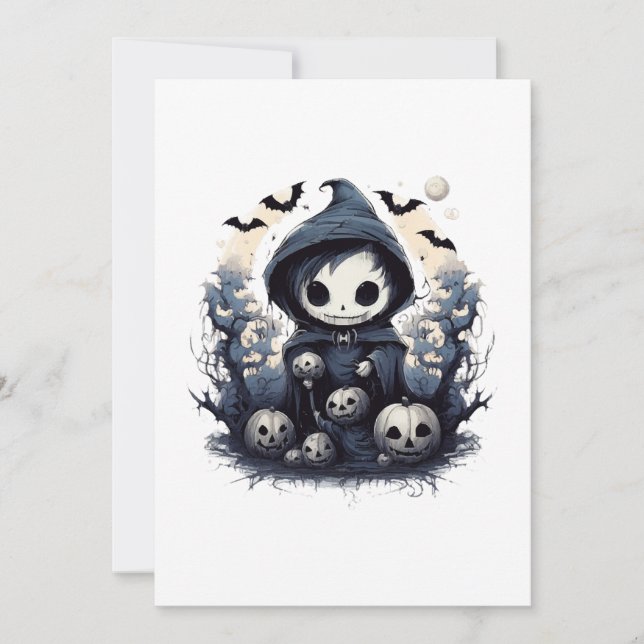 Hooded Chibi Reaper Halloween - Whimsical Dark Fan Invitation (Front)