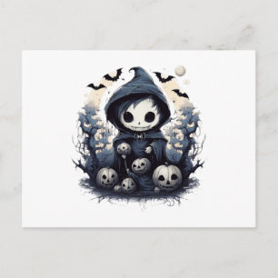 Hooded Chibi Reaper Halloween - Whimsical Dark Fan Postcard