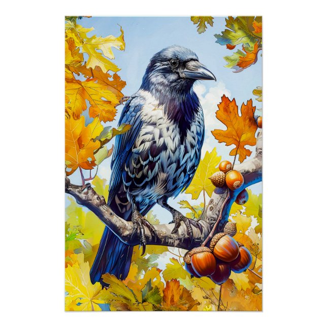 Hooded Crow Perched in Oak Tree Impressionist Sty Poster (Front)
