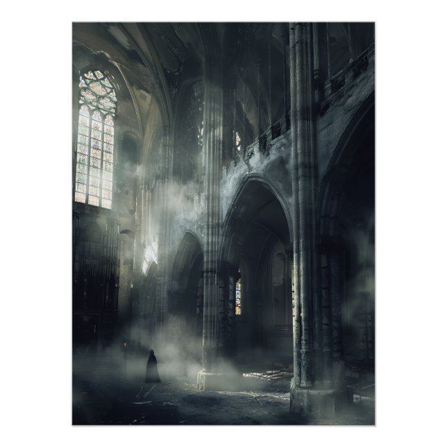 Hooded Figure Abandoned Gothic Cathedral Poster (Front)