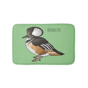 Hooded merganser bird cartoon illustration Bath Mat