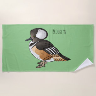Hooded merganser bird cartoon illustration Beach Towel