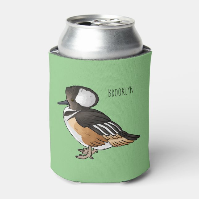  Hooded merganser bird cartoon illustration  Can Cooler (Can Front)