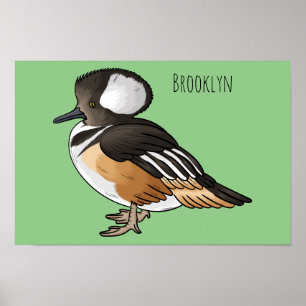 Hooded merganser bird cartoon illustration Poster