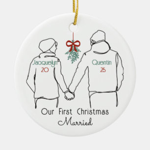 Hoodie Couple First Christmas Married Ceramic Ornament