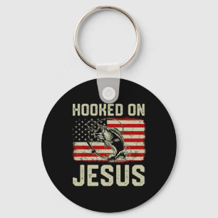 Hook On Jesus Byb Fishing American Flag Religious Keychain