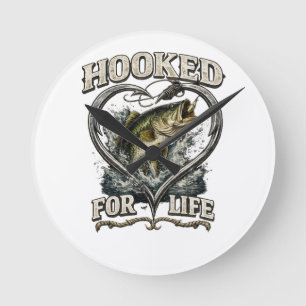 Hooked for Life Bass Fishing Heart Round Clock