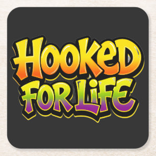 Hooked For Life Rainbow Graffiti Square Paper Coaster