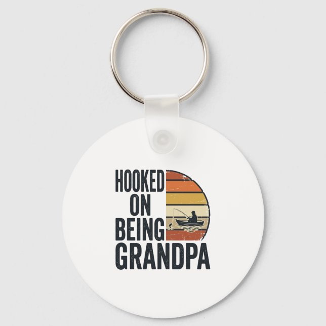 Hooked On Being Grandpa Fishing Retro Vector Desig Keychain (Front)