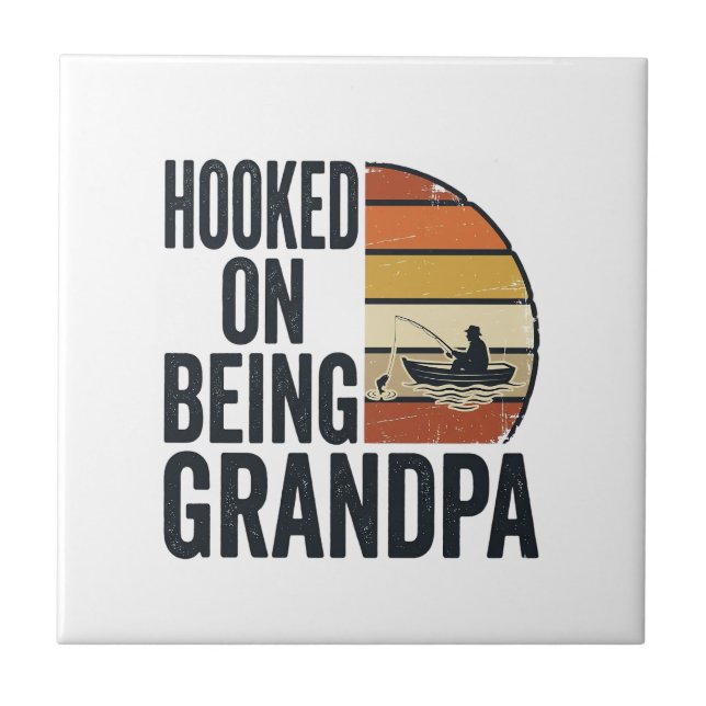 Hooked On Being Grandpa Fishing Retro Vector Desig Tile (Front)