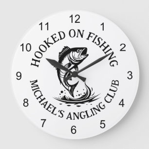 Hooked On Fishing Logo, Personalized Angling Club Large Clock