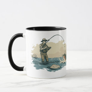 Hooked on Fishing Vintage Outdoorsman Angler Scene Mug