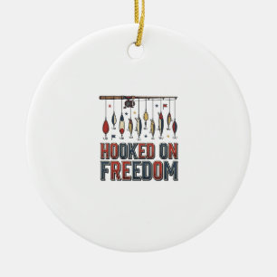 Hooked On Freedom Patriotic Fishing Shirt Design_1 Ceramic Ornament