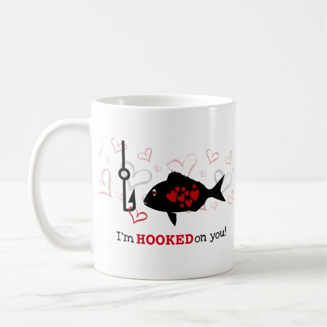 Hooked On You Heart and Fish Valentines Day Coffee Mug (Left)