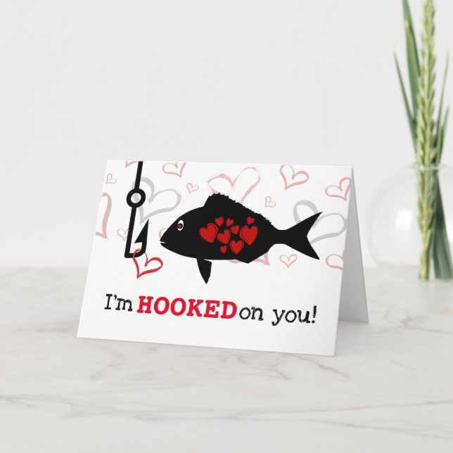 Hooked On You Heart and Fish Valentine's Day Holiday Card (Front)