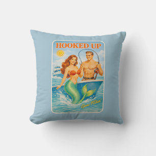 Hooked Up Fishing Pin-up Mermaid   Funny Nautical Throw Pillow