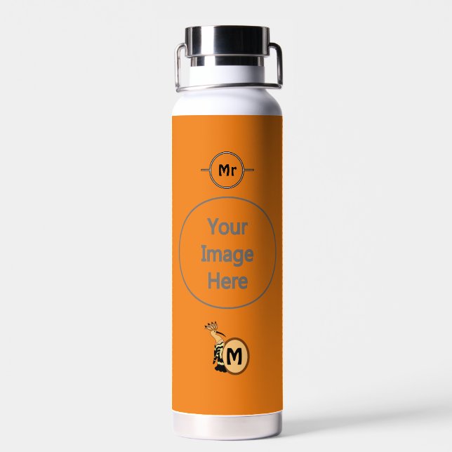 Hoopoe Whimsical Bird Monogram Water Bottle (Back)