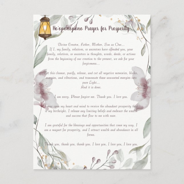 Ho'oponopono Prayer for Prosperity  Postcard (Front)