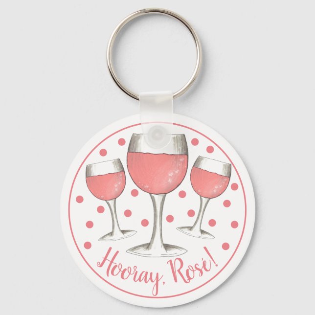 Hooray, Rosé! Blush Pink Rose Glass of Wine Winery Keychain (Front)