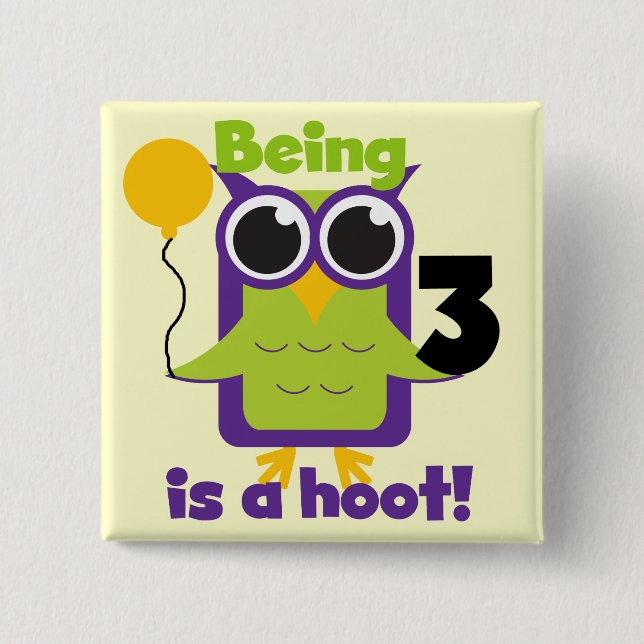 Hoot Owl 3rd Birthday T-shirts and Gifts 2 Inch Square Button (Front)