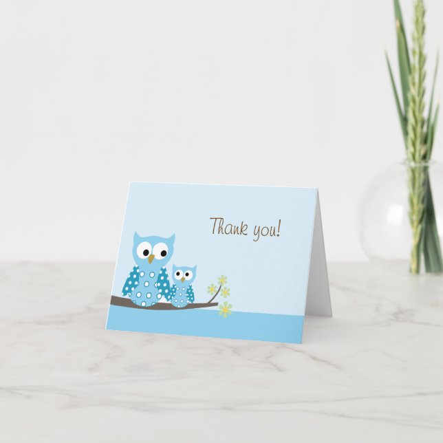 Hoot Owl Blue Folded Thank you note card (Front)