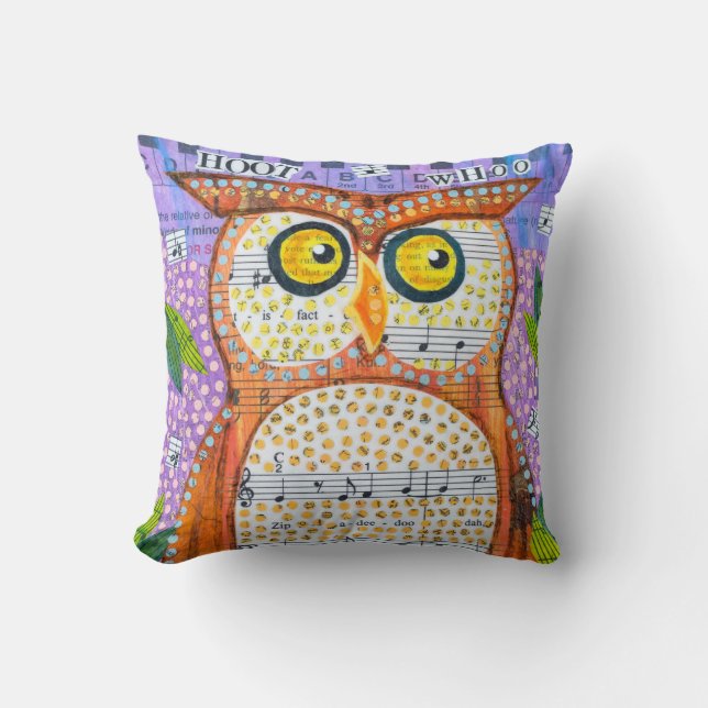 Hoot Owl & Singing Bird Throw Pillow (Front)