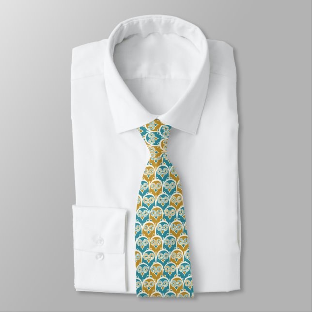 Hoot Owls Mustard and Turquoise Blue Patterned Tie (Tied)