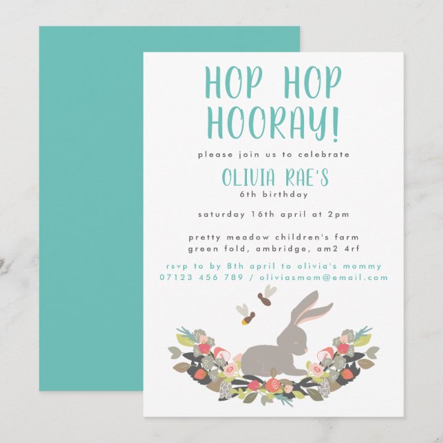 Hop Hop Hooray Rabbit Birthday Party Invitation (Front/Back)