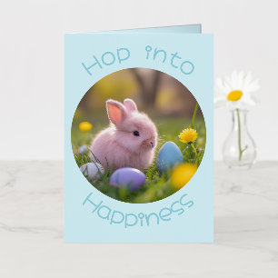 Hop Into Happiness – Fluffy Pink Bunny Easter Foil Greeting Card