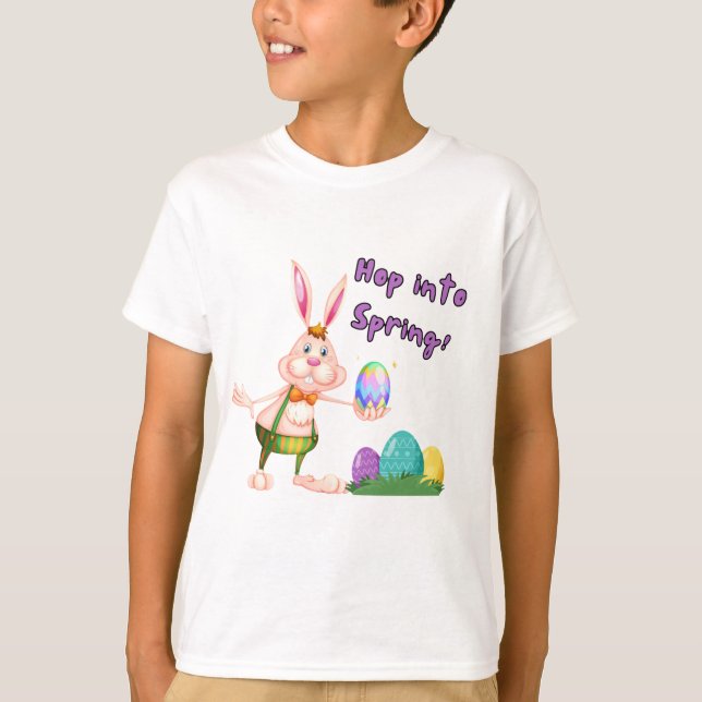 Hop into Spring Easter Bunny & Colourful Eggs T-Shirt (Front)