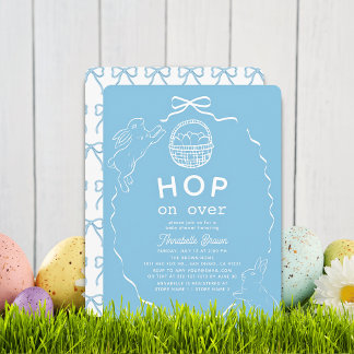 Hop on Over Blue Bow Bunny Boy Baby Shower Invitation