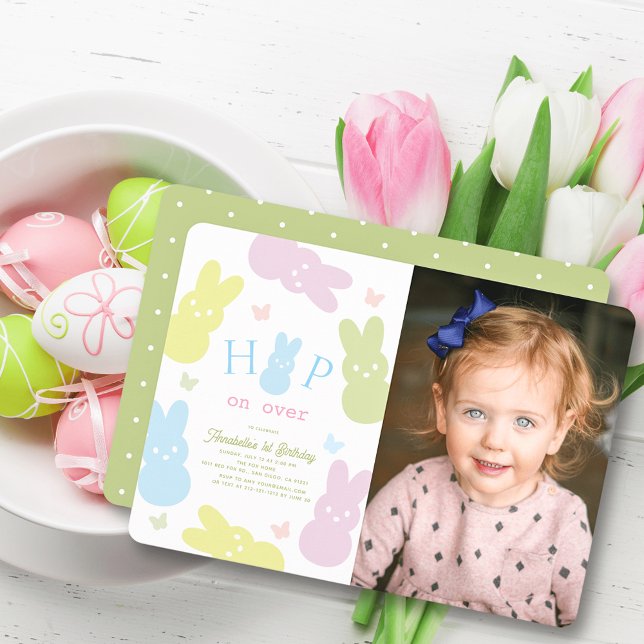 Hop on Over Bunny & Butterfly Photo 1st Birthday Invitation (Creator Uploaded)