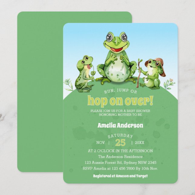 Hop On Over Cute Watercolor Frog Baby Shower Invitation (Front/Back)