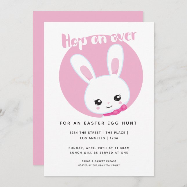 Hop On Over Easter Egg Hunt Cute Pink White Bunny Invitation (Front/Back)