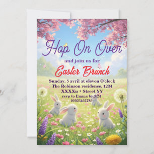 Hop on Over Easter Floral  Bunny Spring Brunch Invitation