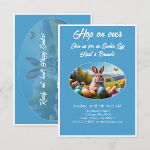 Hop on Over Egg Hunt Brunch Easter Rabbit blue -  Invitation