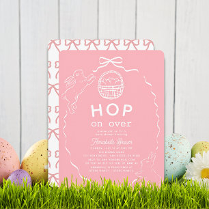Hop on Over Pink Bow Girl Bunny Baby Shower Invitation