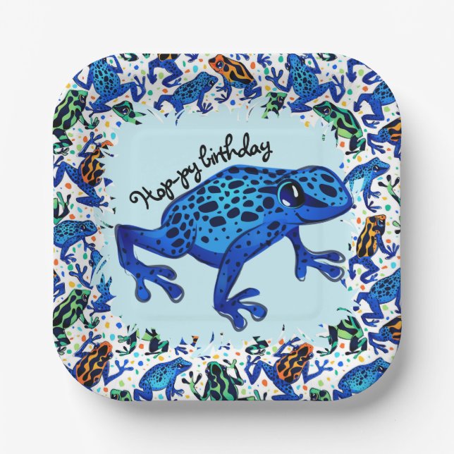 Hop-py Birthday Rainforest Frogs Square Plates (Front)