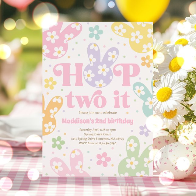 Hop Two It Bunny 2nd Birthday Pastel Daisy Floral  Invitation (Creator Uploaded)