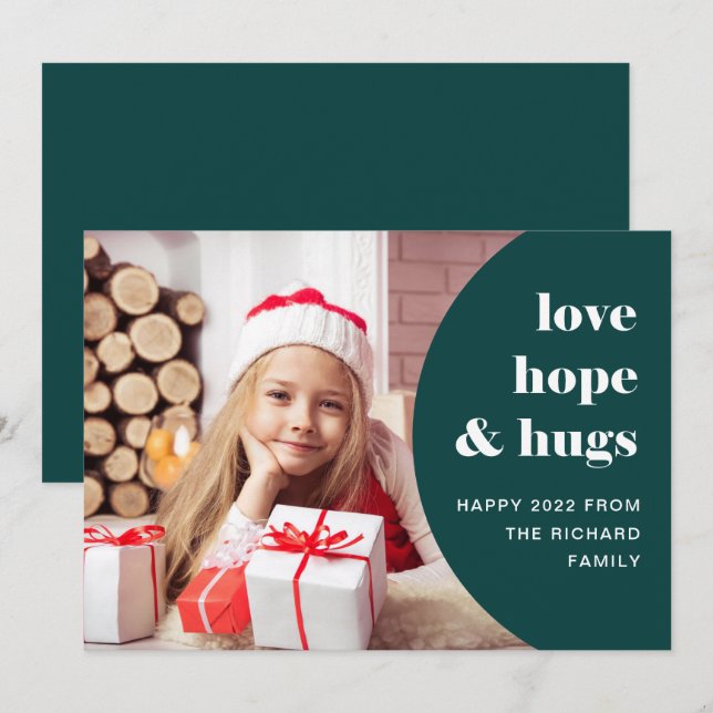 Hope and Hugs | Curved Frame Photo Green Holiday Card (Front/Back)