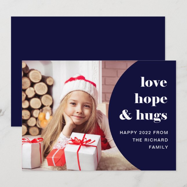 Hope and Hugs | Curved Frame Photo Navy Blue Holiday Card (Front/Back)