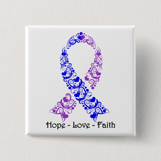 Hope Blue and Purple Awareness Ribbon 2 Inch Square Button (Front)