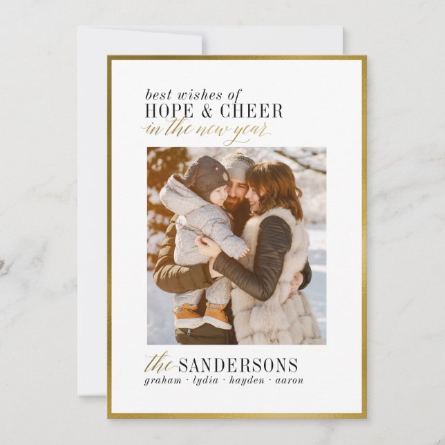 Hope & Cheer | Minimal White & Gold New Year  Holiday Card (Front)