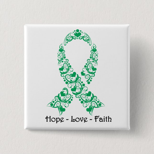 Hope Emerald Green Awareness Ribbon 2 Inch Square Button (Front)