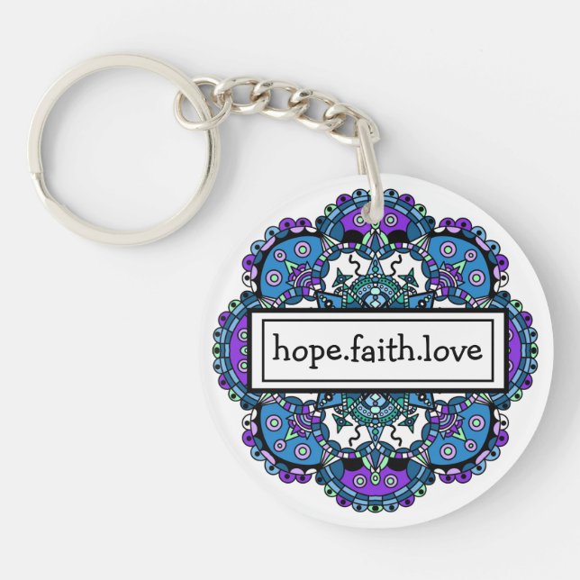 Hope. Faith. Love Purple and Blue Mandala  Keychain (Front)