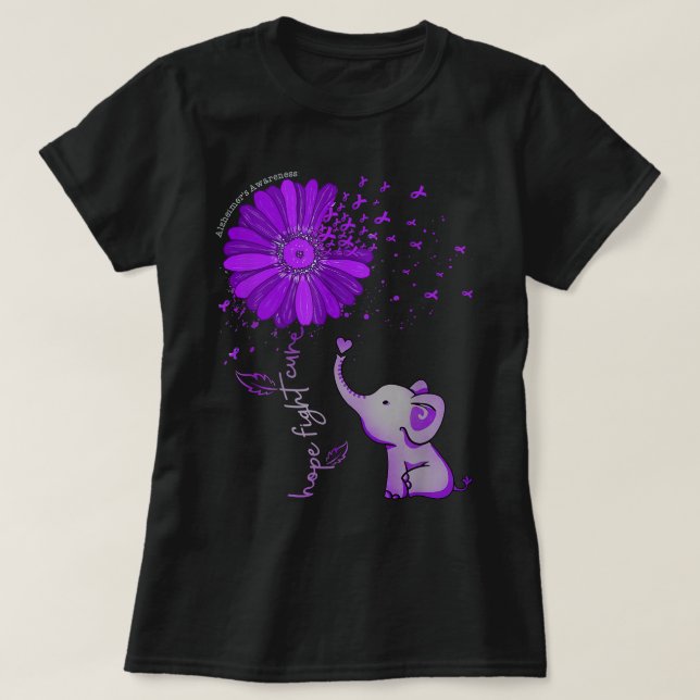 Hope Fight Cure Elephant Alzheimer's Purple Ribbon T-Shirt (Design Front)