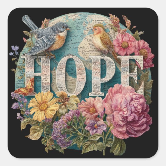 Hope Floral Typography with Birds and Botanical Square Sticker (Front)