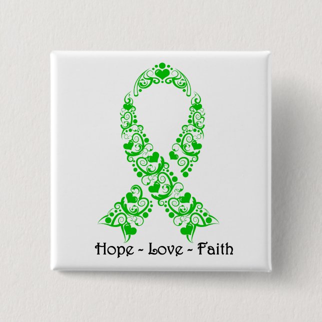 Hope Green Awareness Ribbon 2 Inch Square Button (Front)